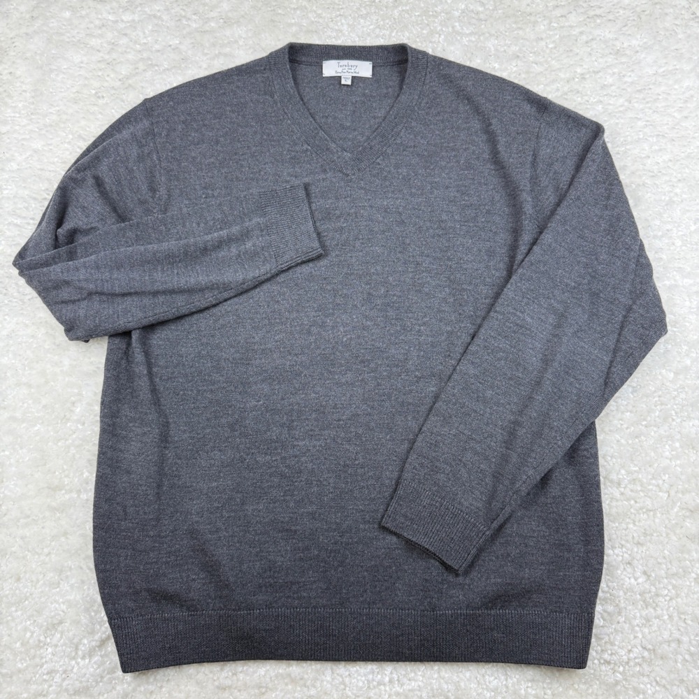 Turnbury Sweater Mens L Gray Extra Fine Merino Wool V-Neck Long Sleeve Knit